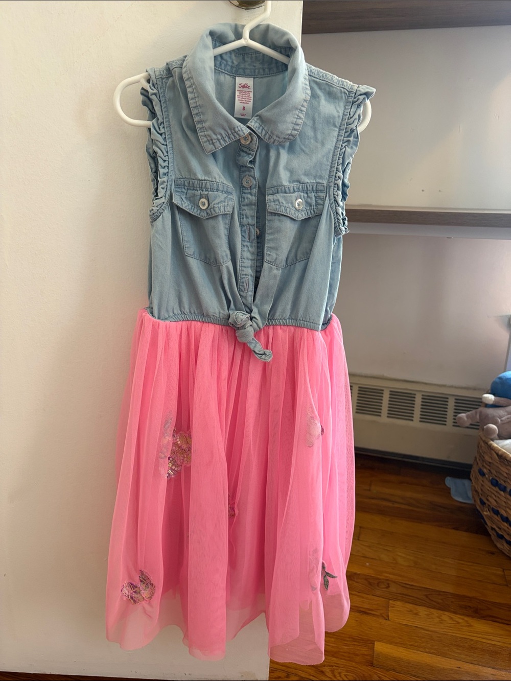 Justice Girls' Light Denim Top with Pink Tulle Skirt Dress